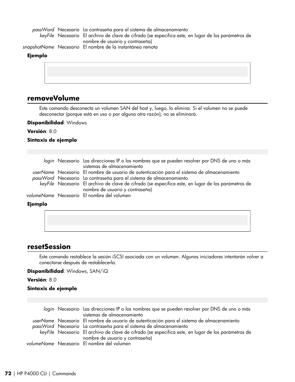 Removevolume, Resetsession | HP Software de dispositivo HP LeftHand P4000 Virtual SAN User Manual | Page 72 / 85