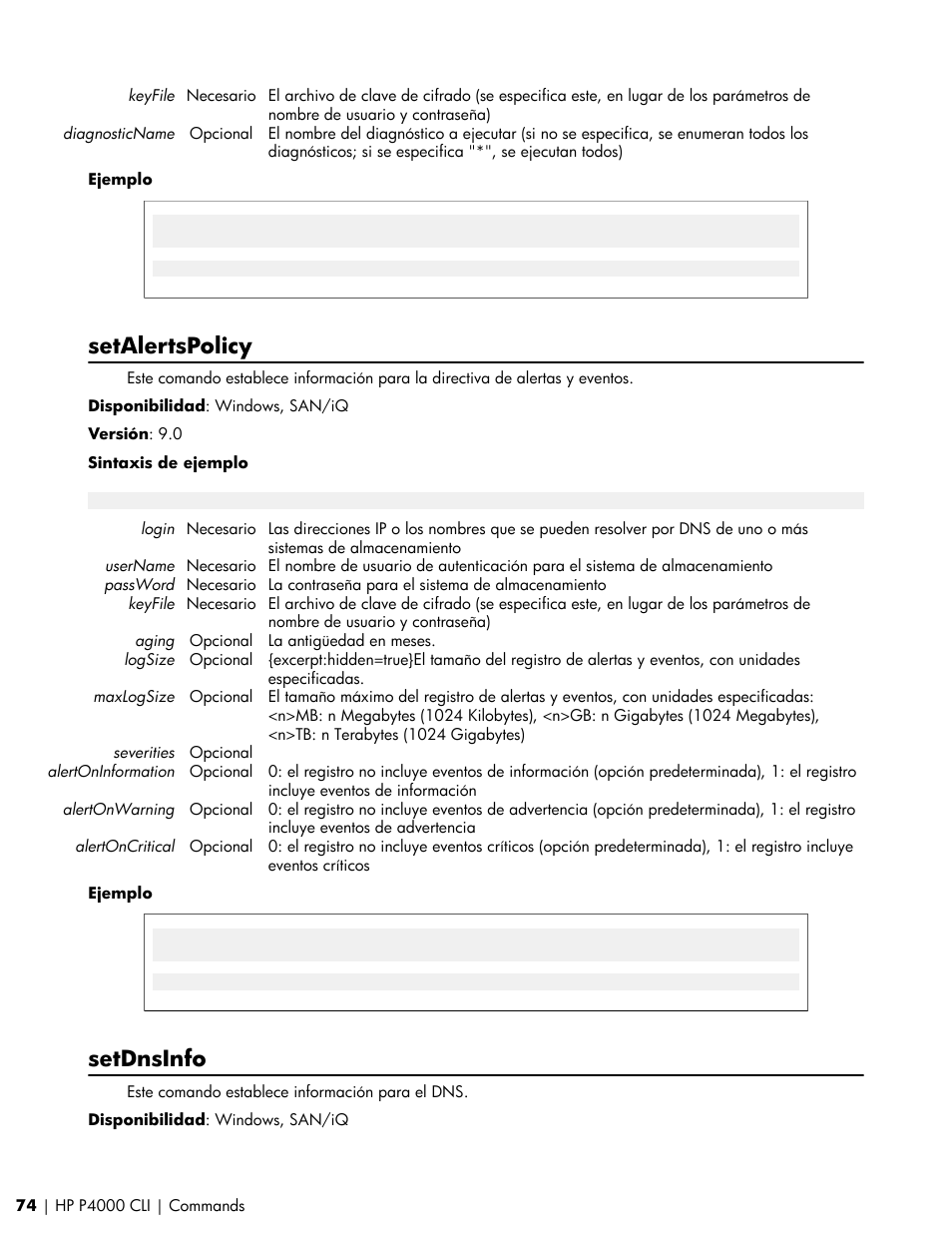 Setalertspolicy, Setdnsinfo | HP Software de dispositivo HP LeftHand P4000 Virtual SAN User Manual | Page 74 / 85