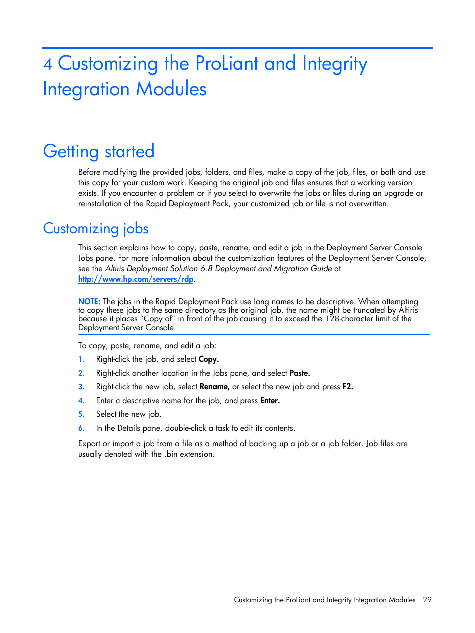 Getting started, Customizing jobs, E the “customizing the proliant and integrity | Integration modules” secti | HP Integrity rx4640 Server User Manual | Page 29 / 37