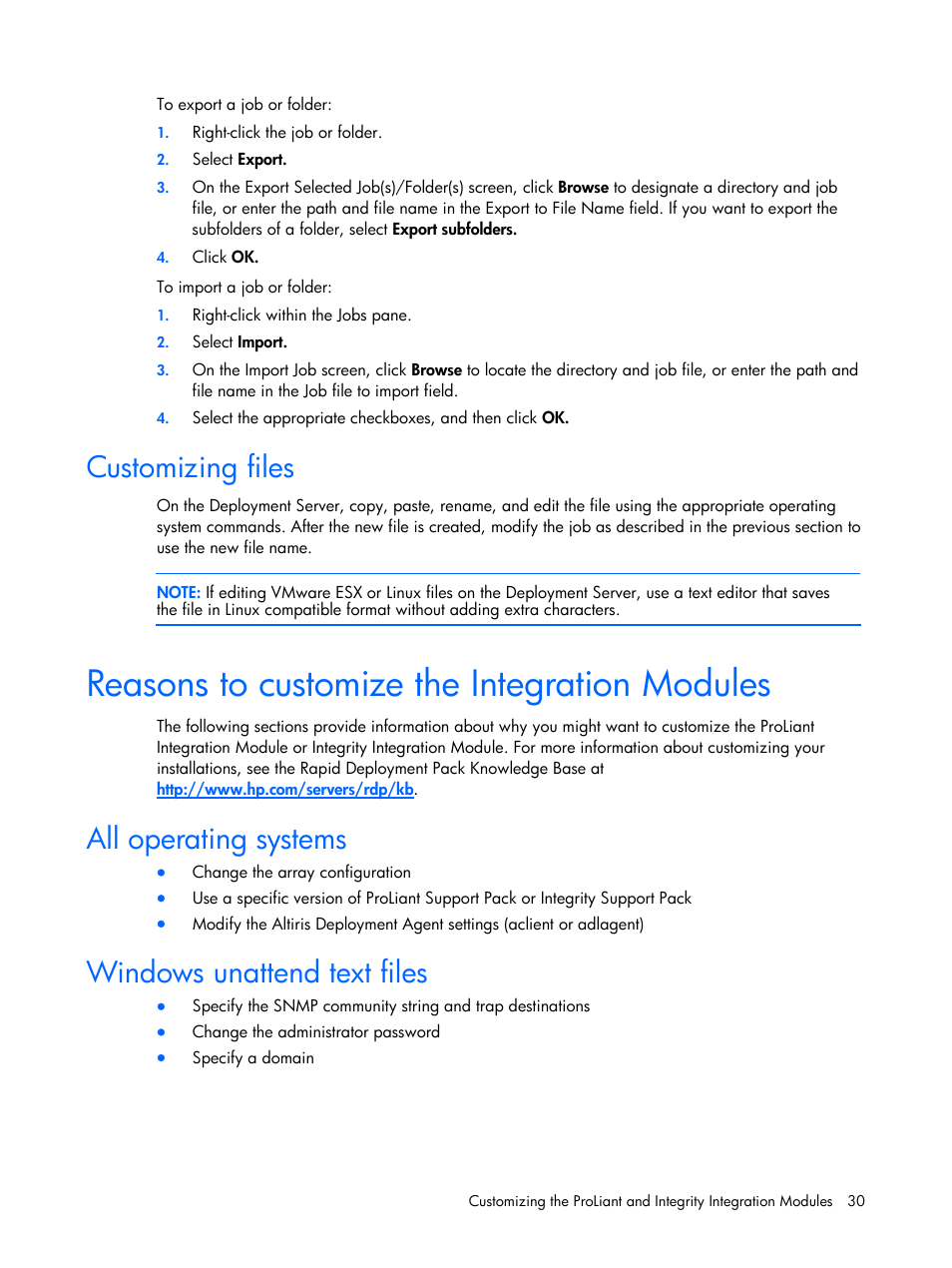 Customizing files, Reasons to customize the integration modules, All operating systems | Windows unattend text files | HP Integrity rx4640 Server User Manual | Page 30 / 37