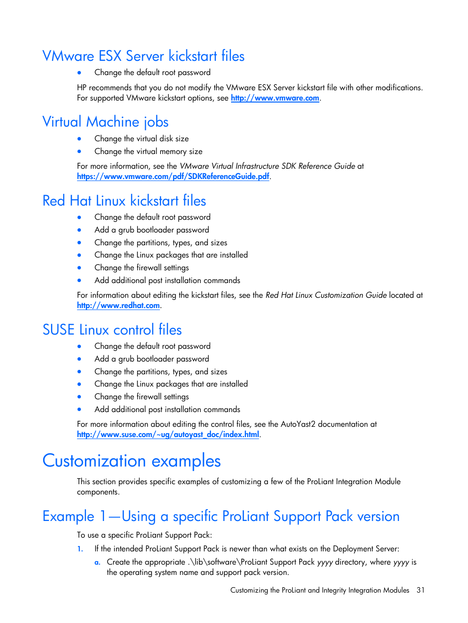 Vmware esx server kickstart files, Virtual machine jobs, Red hat linux kickstart files | Suse linux control files, Customization examples | HP Integrity rx4640 Server User Manual | Page 31 / 37