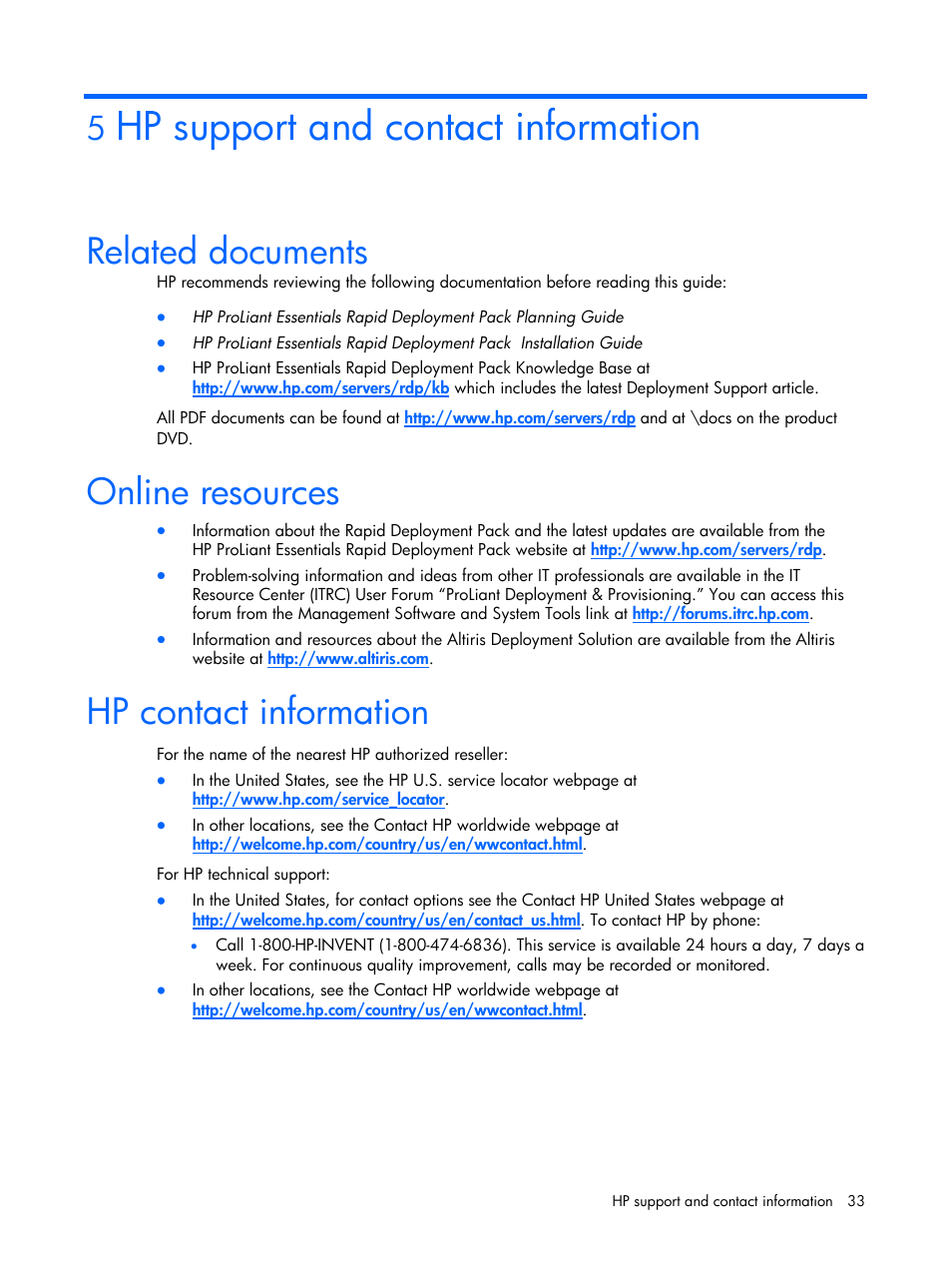 Hp support and contact information, Related documents, Online resources | Hp contact information | HP Integrity rx4640 Server User Manual | Page 33 / 37