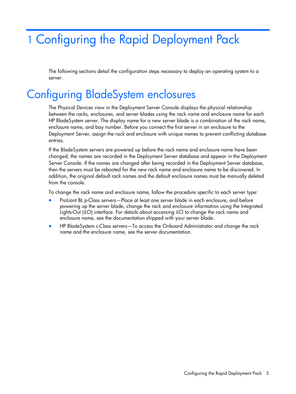1 configuring the rapid deployment pack, Configuring bladesystem enclosures, Configuring the rapid deployment pack | HP Integrity rx4640 Server User Manual | Page 5 / 37