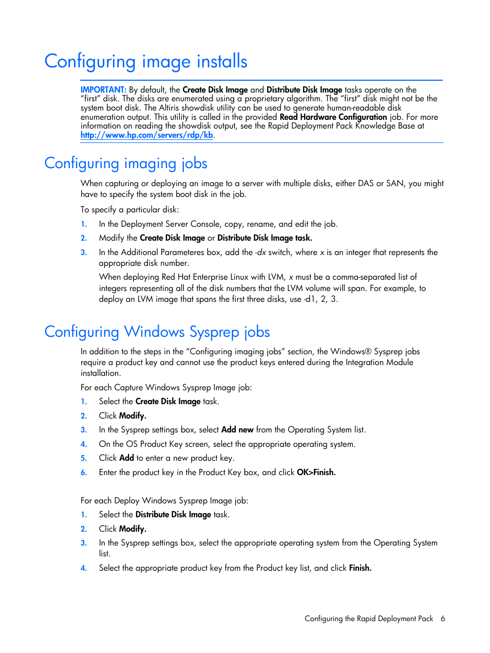 Configuring image installs, Configuring imaging jobs, Configuring windows sysprep jobs | HP Integrity rx4640 Server User Manual | Page 6 / 37