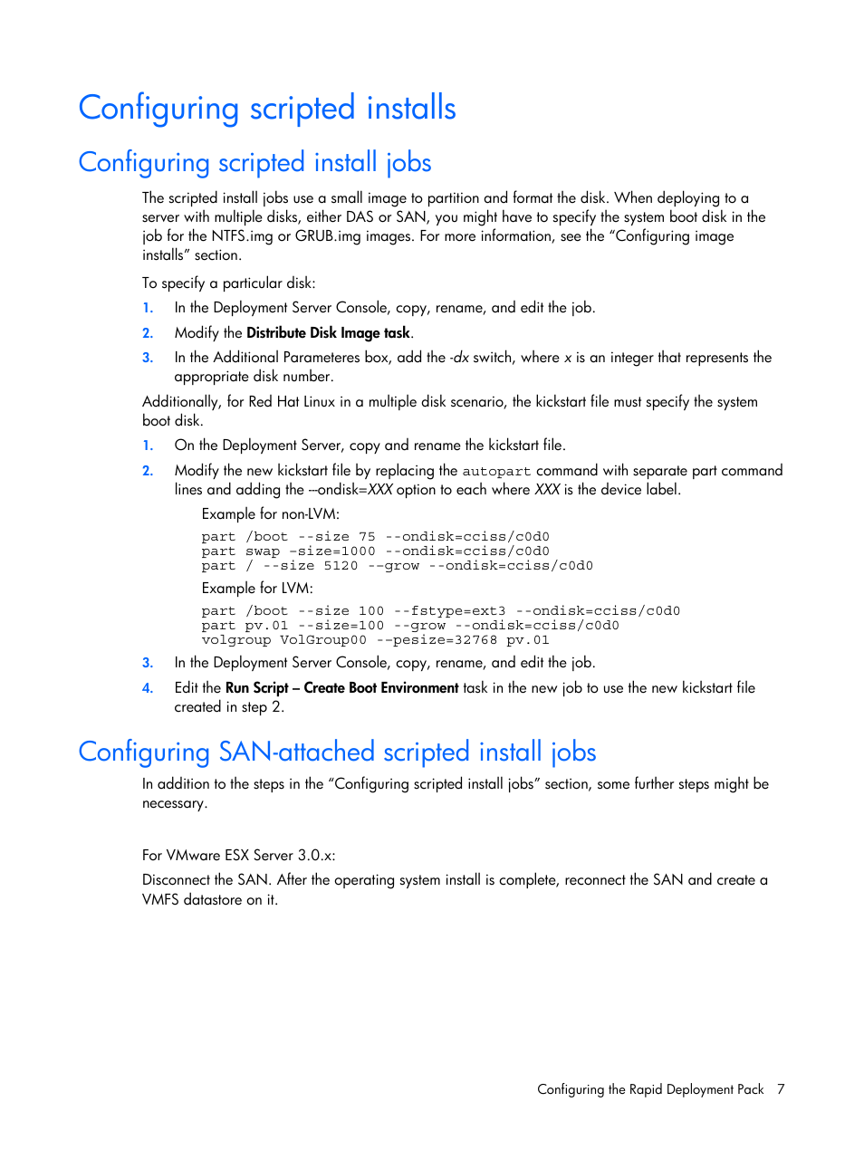 Configuring scripted installs, Configuring scripted install jobs, Configuring san-attached scripted install jobs | HP Integrity rx4640 Server User Manual | Page 7 / 37