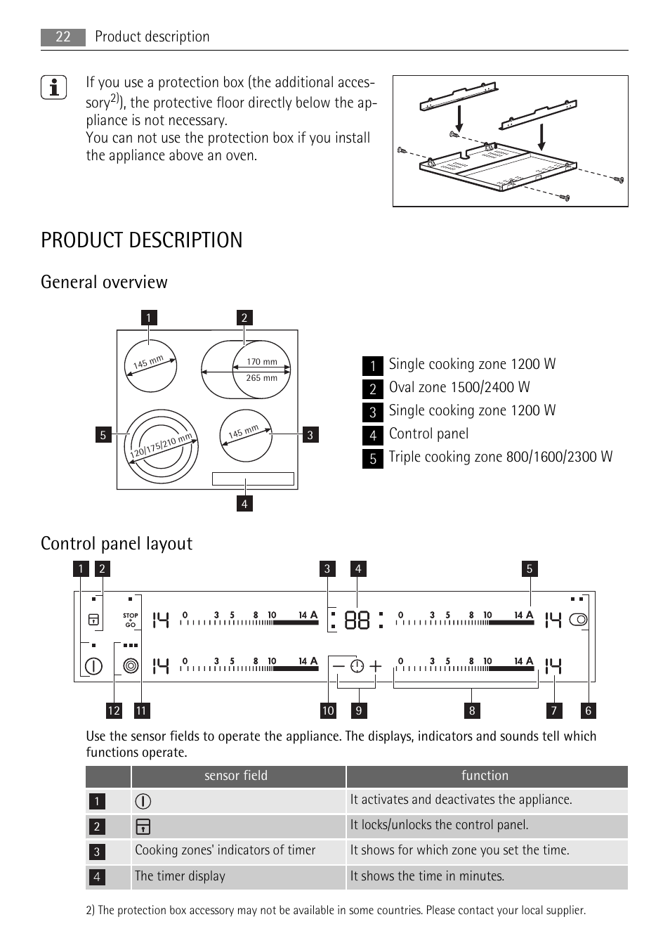 Product description, General overview, Control panel layout | AEG HK654070XB User Manual | Page 22 / 76