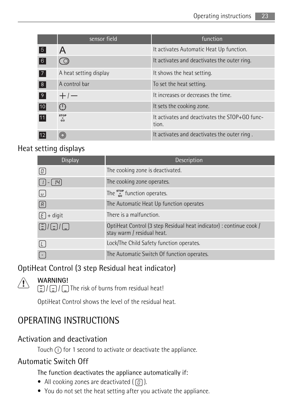 Operating instructions, Heat setting displays, Optiheat control (3 step residual heat indicator) | Activation and deactivation, Automatic switch off | AEG HK654070XB User Manual | Page 23 / 76