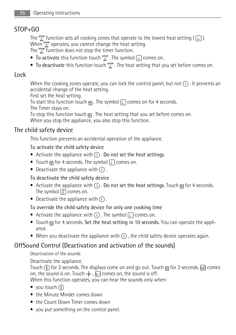 Stop+go, Lock, The child safety device | AEG HK654070XB User Manual | Page 26 / 76