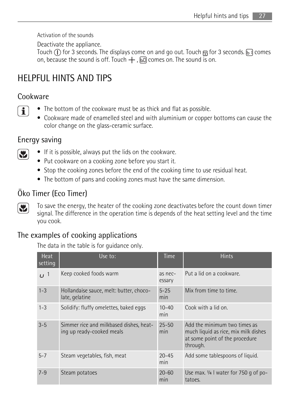 Helpful hints and tips, Cookware, Energy saving | Öko timer (eco timer), The examples of cooking applications | AEG HK654070XB User Manual | Page 27 / 76