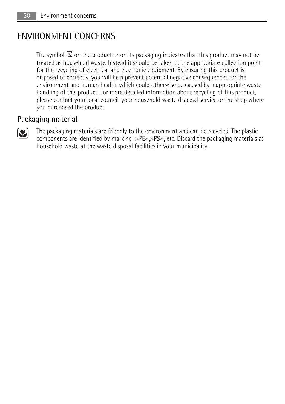 Environment concerns, Packaging material | AEG HK654070XB User Manual | Page 30 / 76