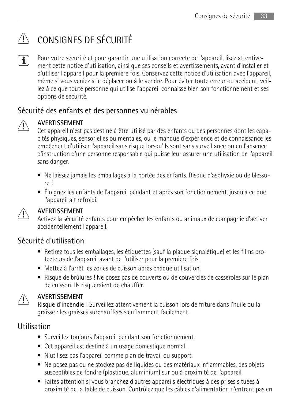 Consignes de sécurité, Sécurité des enfants et des personnes vulnérables, Sécurité d'utilisation | Utilisation | AEG HK654070XB User Manual | Page 33 / 76