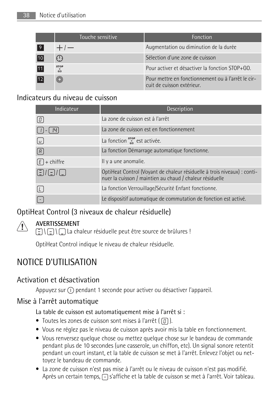 Notice d'utilisation, Indicateurs du niveau de cuisson, Optiheat control (3 niveaux de chaleur résiduelle) | Activation et désactivation, Mise à l'arrêt automatique | AEG HK654070XB User Manual | Page 38 / 76