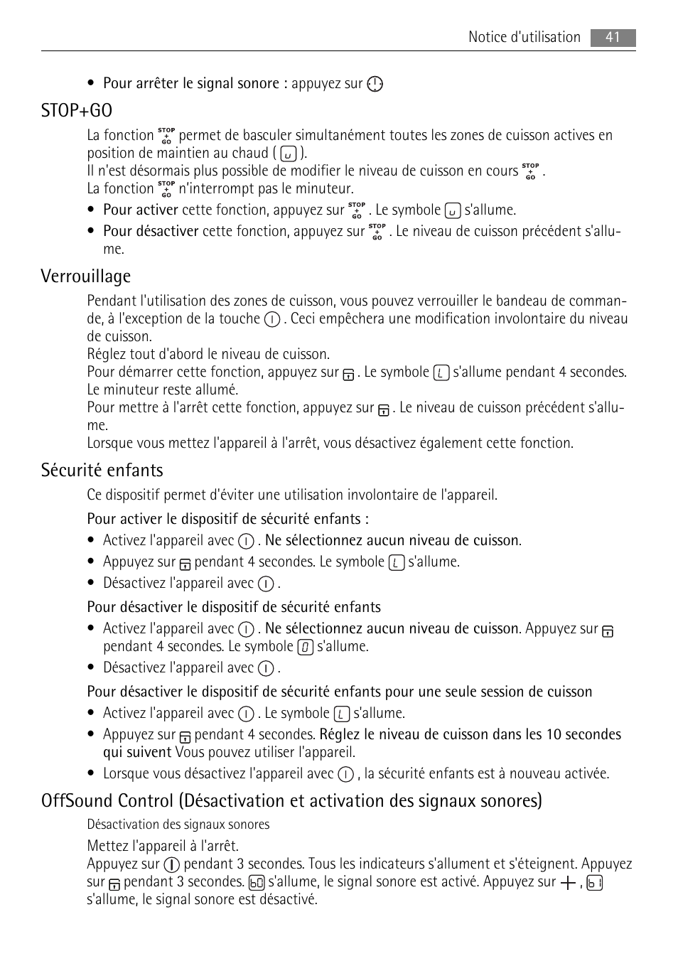 Stop+go, Verrouillage, Sécurité enfants | AEG HK654070XB User Manual | Page 41 / 76