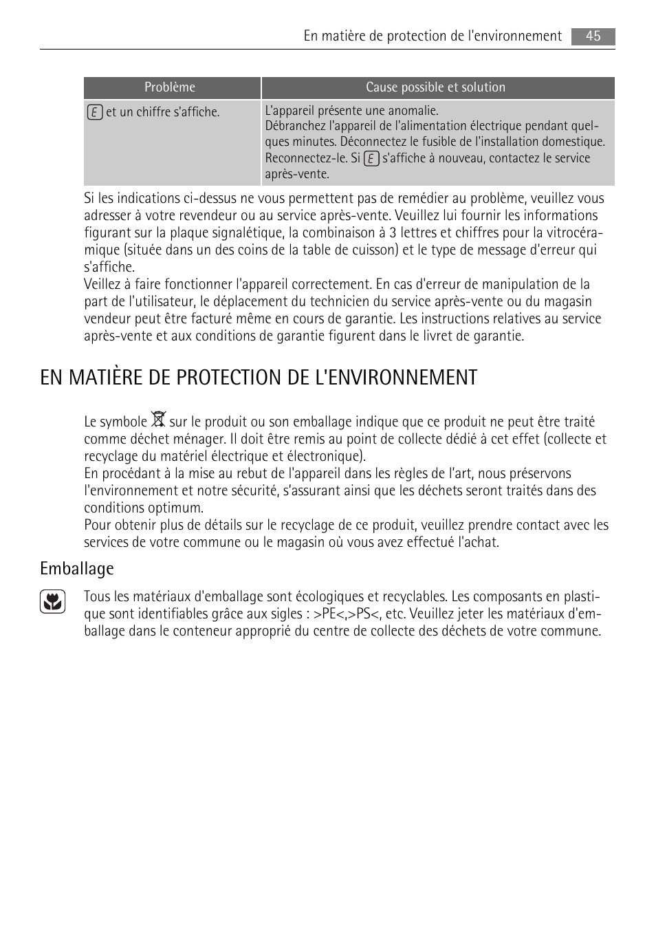 En matière de protection de l'environnement, Emballage | AEG HK654070XB User Manual | Page 45 / 76