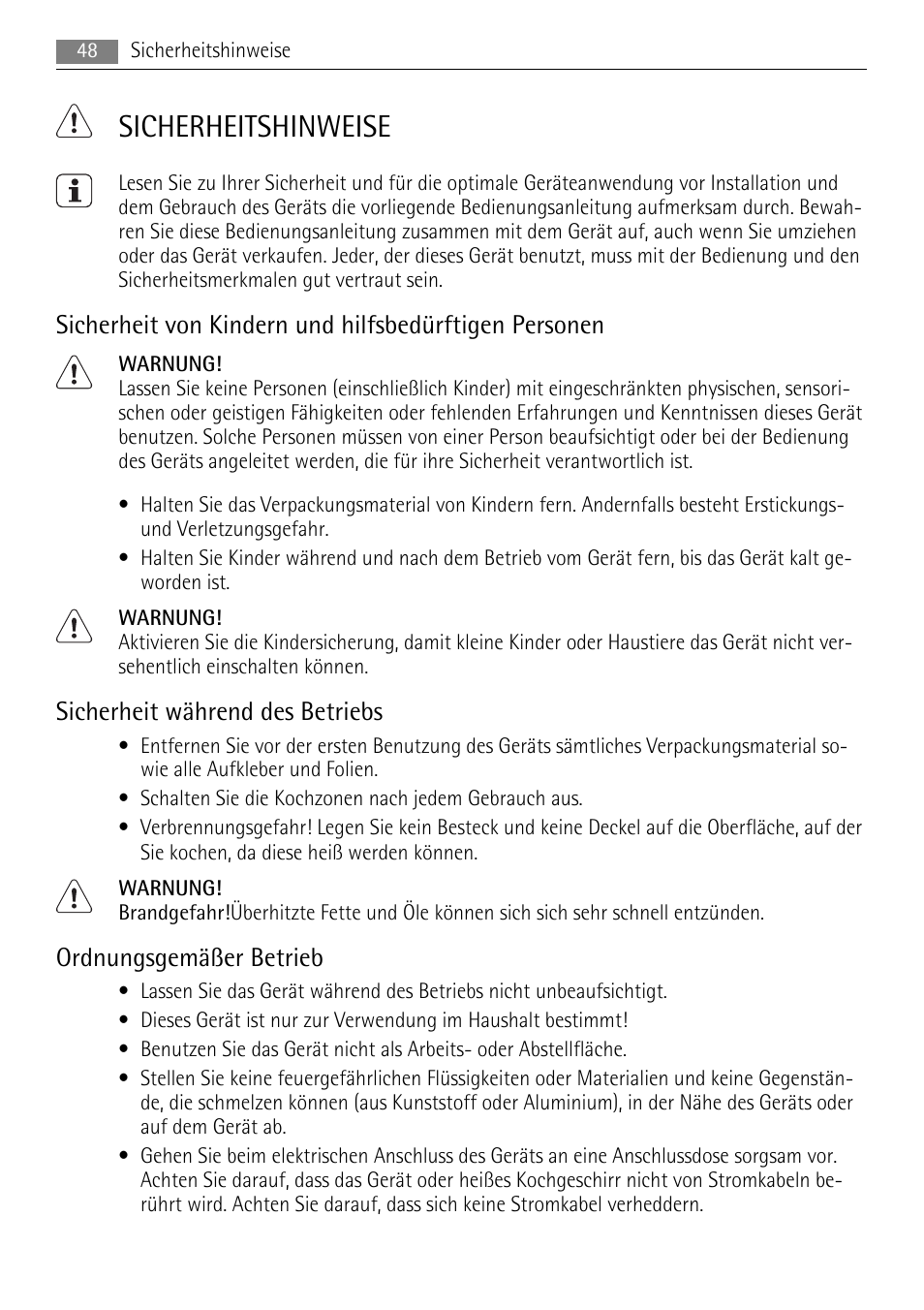 Sicherheitshinweise, Sicherheit während des betriebs, Ordnungsgemäßer betrieb | AEG HK654070XB User Manual | Page 48 / 76