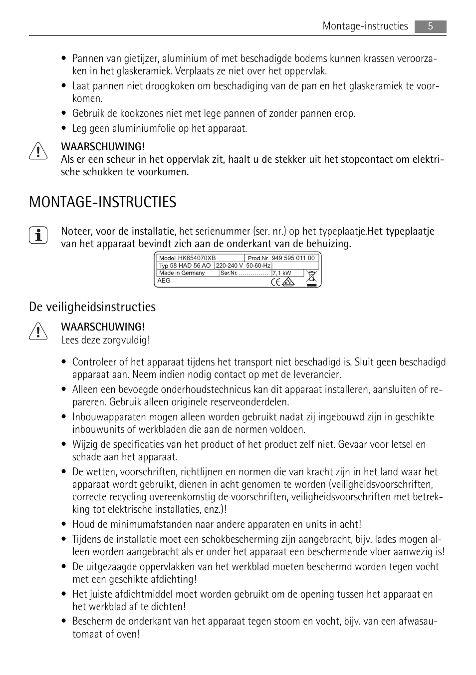 Montage-instructies, De veiligheidsinstructies | AEG HK654070XB User Manual | Page 5 / 76