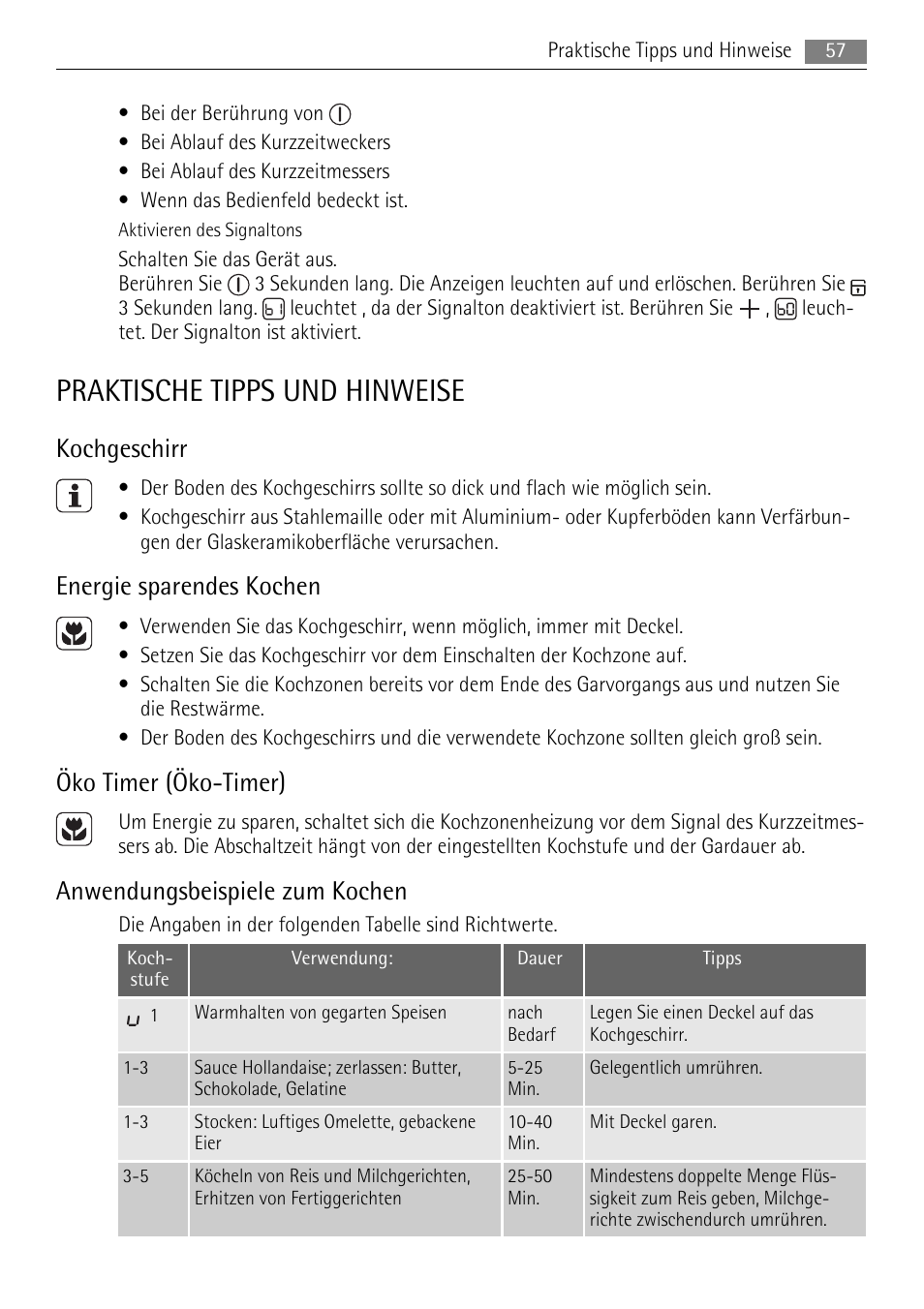 Praktische tipps und hinweise, Kochgeschirr, Energie sparendes kochen | Öko timer (öko-timer), Anwendungsbeispiele zum kochen | AEG HK654070XB User Manual | Page 57 / 76