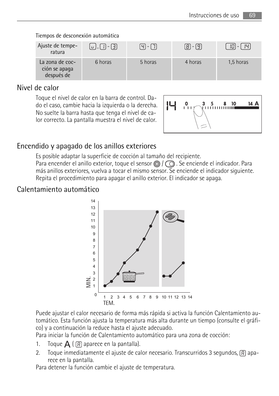 Nivel de calor, Encendido y apagado de los anillos exteriores, Calentamiento automático | AEG HK654070XB User Manual | Page 69 / 76