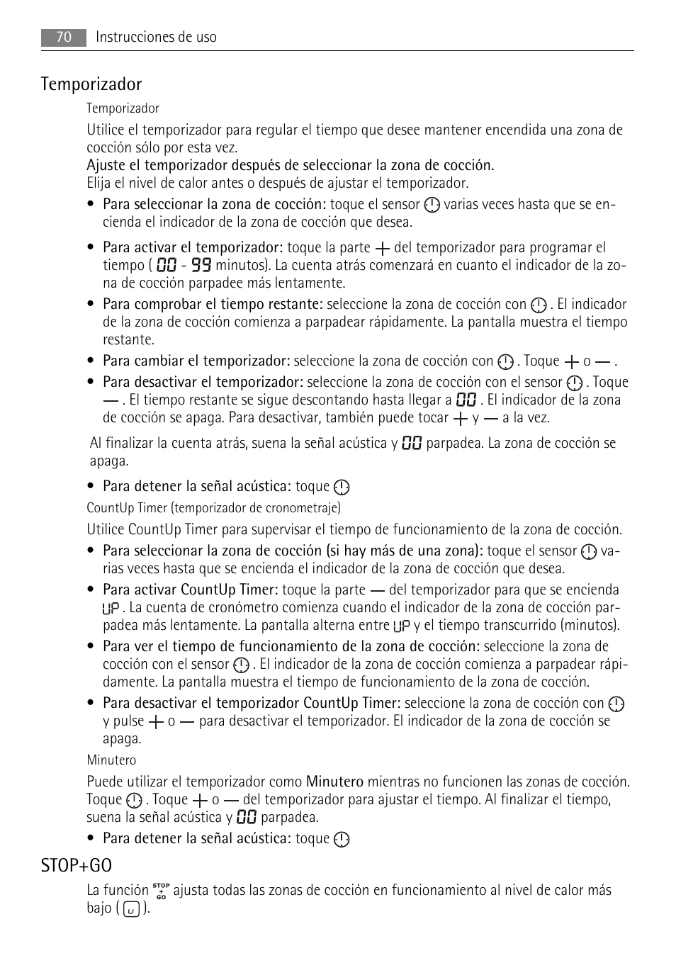 Temporizador, Stop+go | AEG HK654070XB User Manual | Page 70 / 76