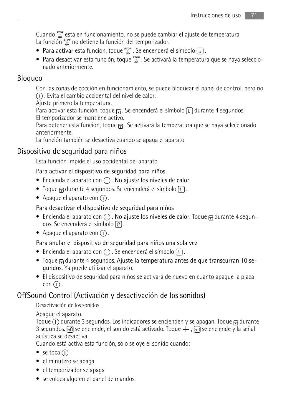 Bloqueo, Dispositivo de seguridad para niños | AEG HK654070XB User Manual | Page 71 / 76