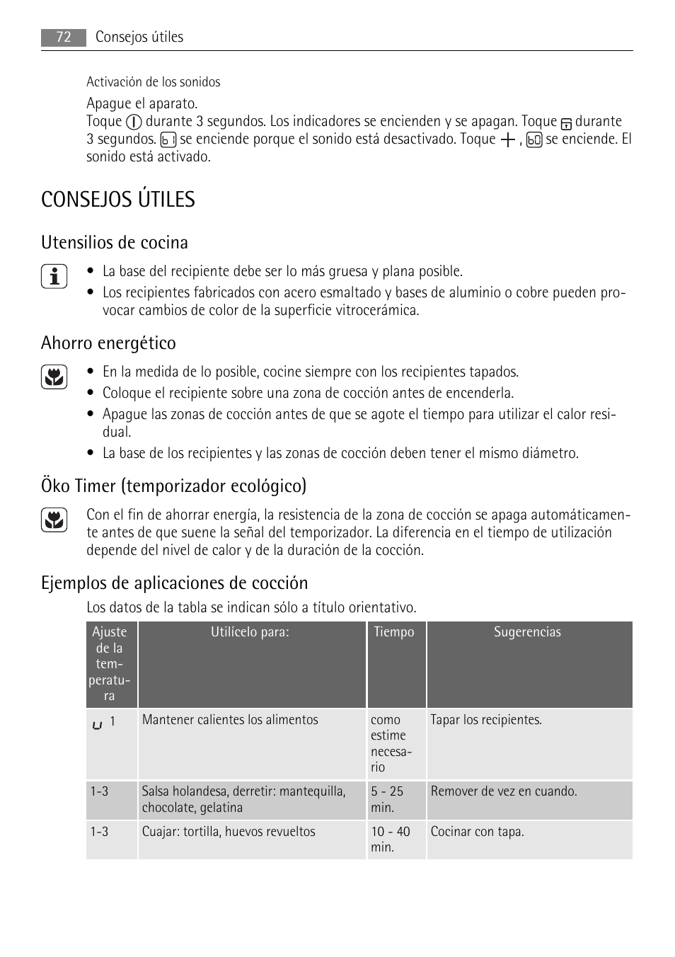 Consejos útiles, Utensilios de cocina, Ahorro energético | Öko timer (temporizador ecológico), Ejemplos de aplicaciones de cocción | AEG HK654070XB User Manual | Page 72 / 76