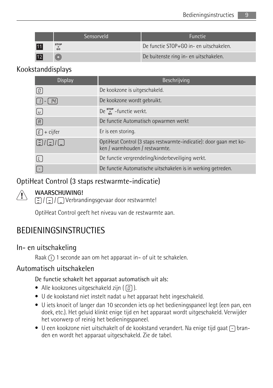 Bedieningsinstructies, Kookstanddisplays, Optiheat control (3 staps restwarmte-indicatie) | In- en uitschakeling, Automatisch uitschakelen | AEG HK654070XB User Manual | Page 9 / 76
