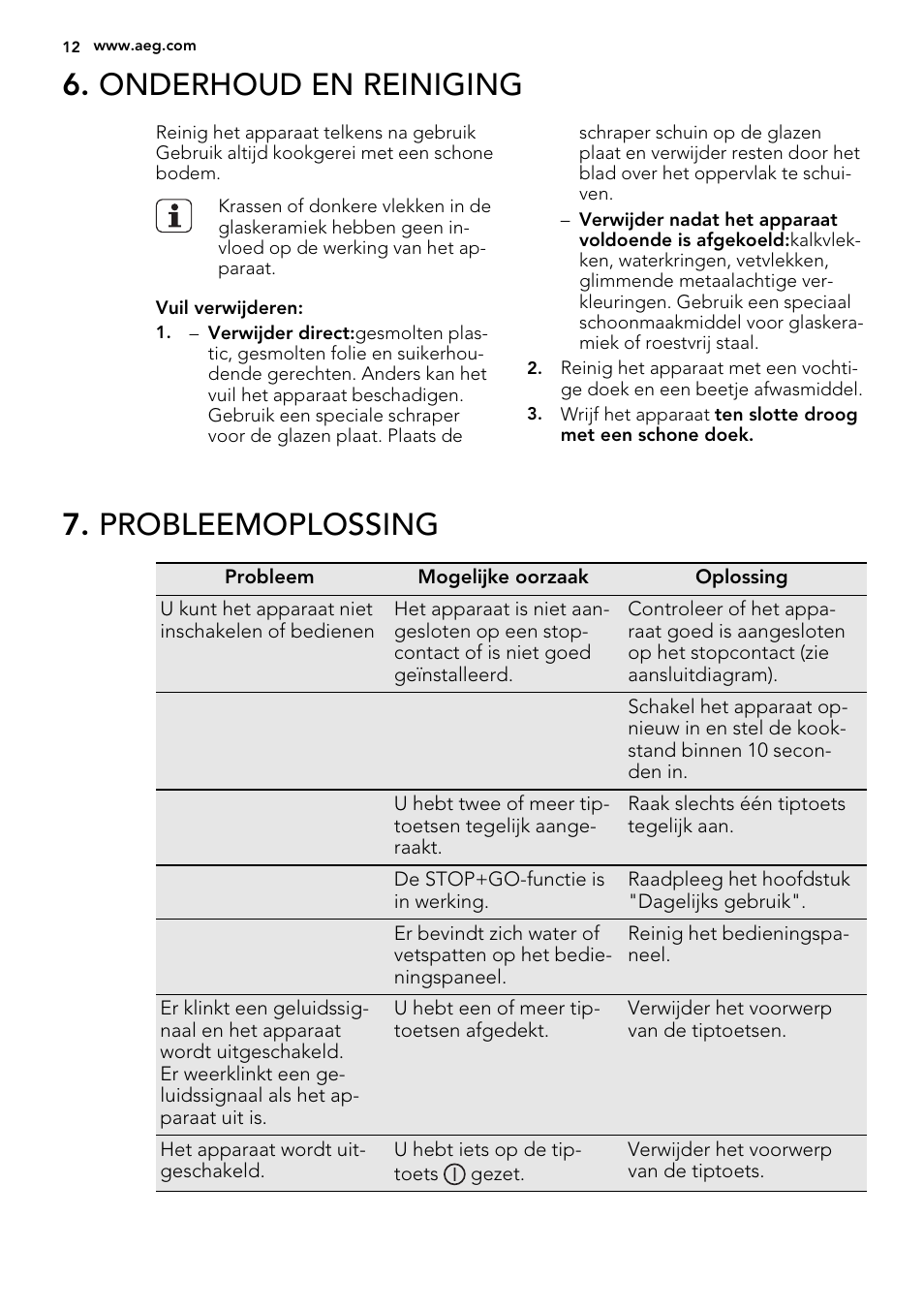 Onderhoud en reiniging, Probleemoplossing | AEG HK654079XB User Manual | Page 12 / 64