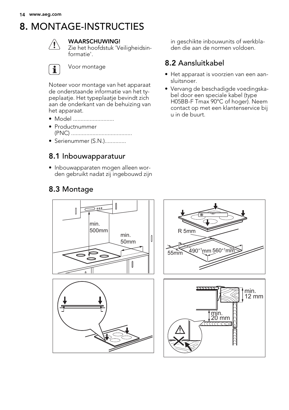 Montage-instructies, 1 inbouwapparatuur, 2 aansluitkabel | 3 montage | AEG HK654079XB User Manual | Page 14 / 64