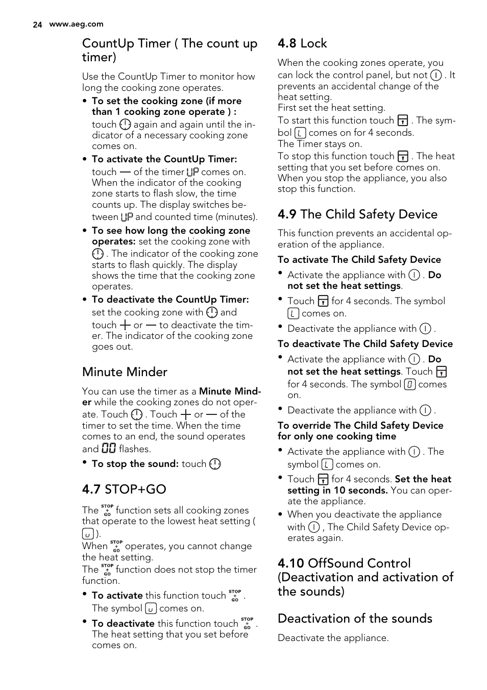 Countup timer ( the count up timer), Minute minder, 7 stop+go | 8 lock, 9 the child safety device | AEG HK654079XB User Manual | Page 24 / 64
