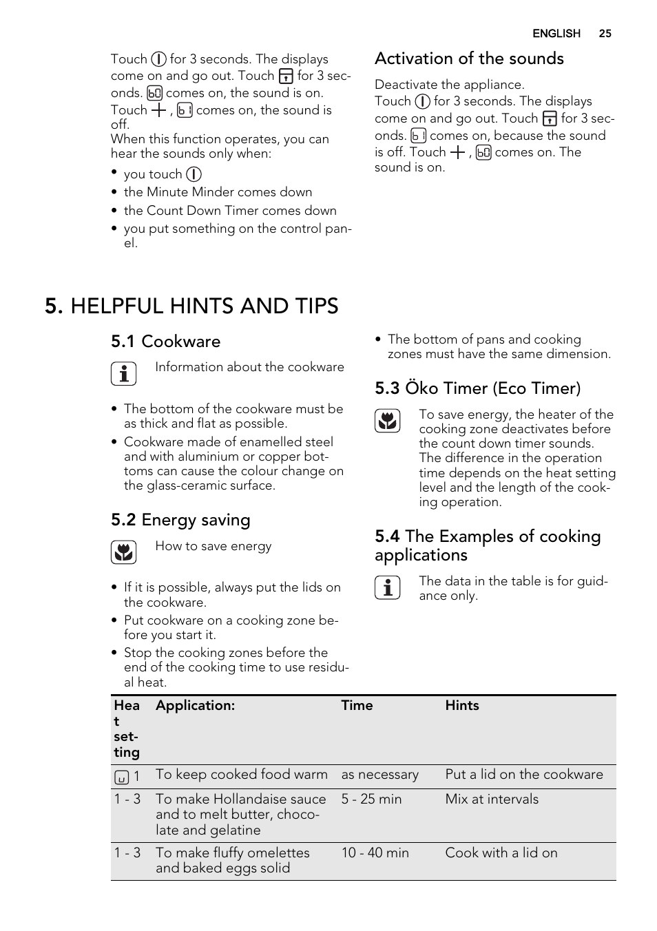 Helpful hints and tips, Activation of the sounds, 1 cookware | 2 energy saving, 3 öko timer (eco timer), 4 the examples of cooking applications | AEG HK654079XB User Manual | Page 25 / 64