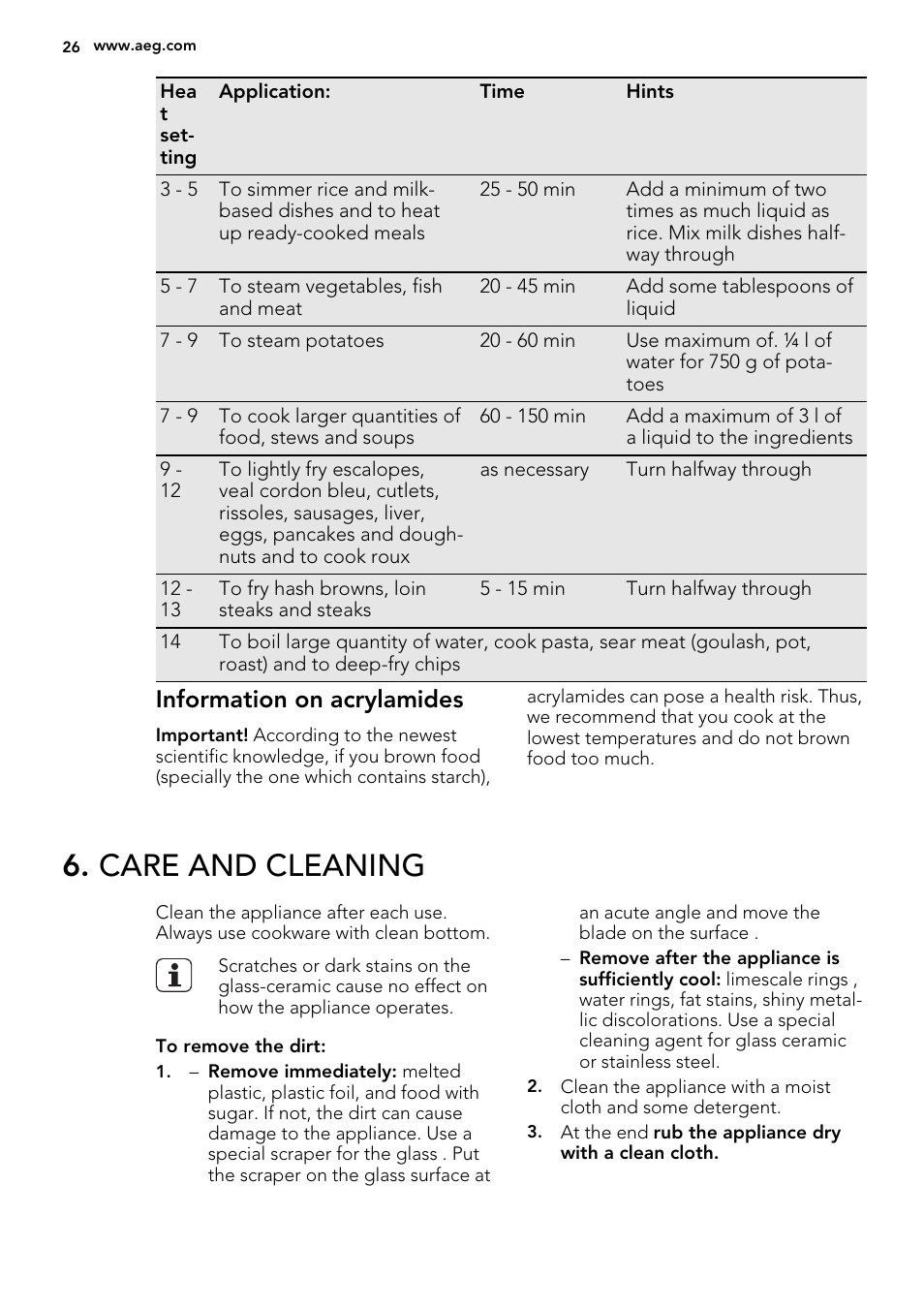 Care and cleaning, Information on acrylamides | AEG HK654079XB User Manual | Page 26 / 64