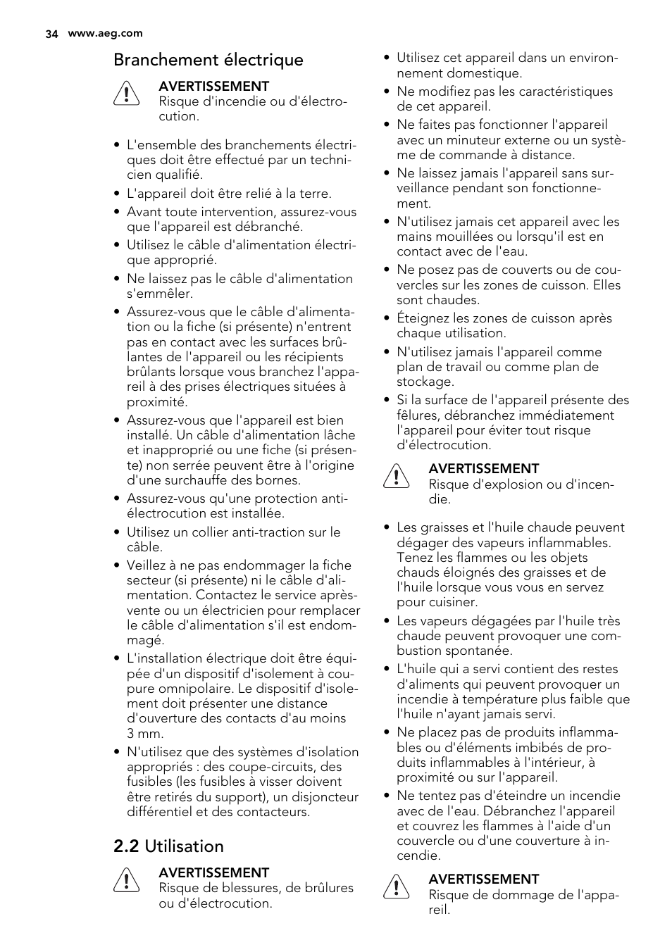 Branchement électrique, 2 utilisation | AEG HK654079XB User Manual | Page 34 / 64