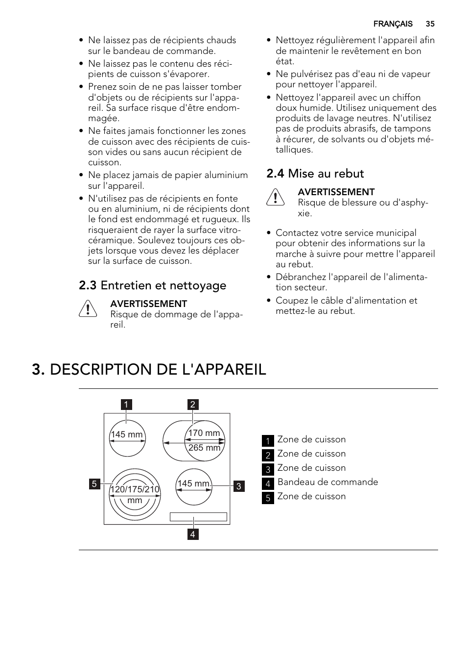 Description de l'appareil, 3 entretien et nettoyage, 4 mise au rebut | AEG HK654079XB User Manual | Page 35 / 64