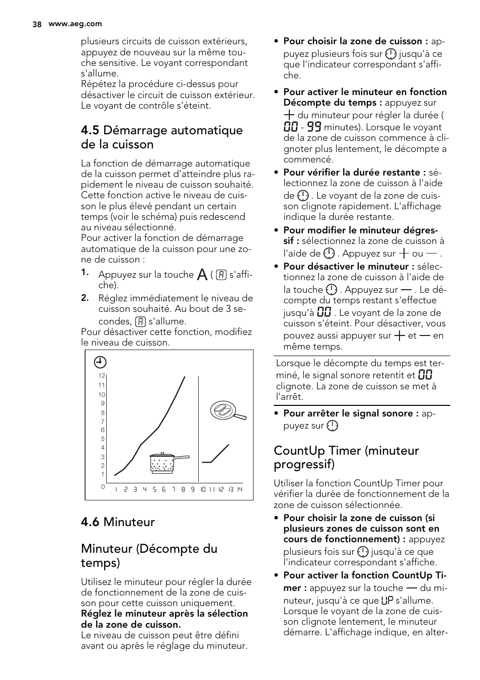 5 démarrage automatique de la cuisson, 6 minuteur minuteur (décompte du temps), Countup timer (minuteur progressif) | AEG HK654079XB User Manual | Page 38 / 64
