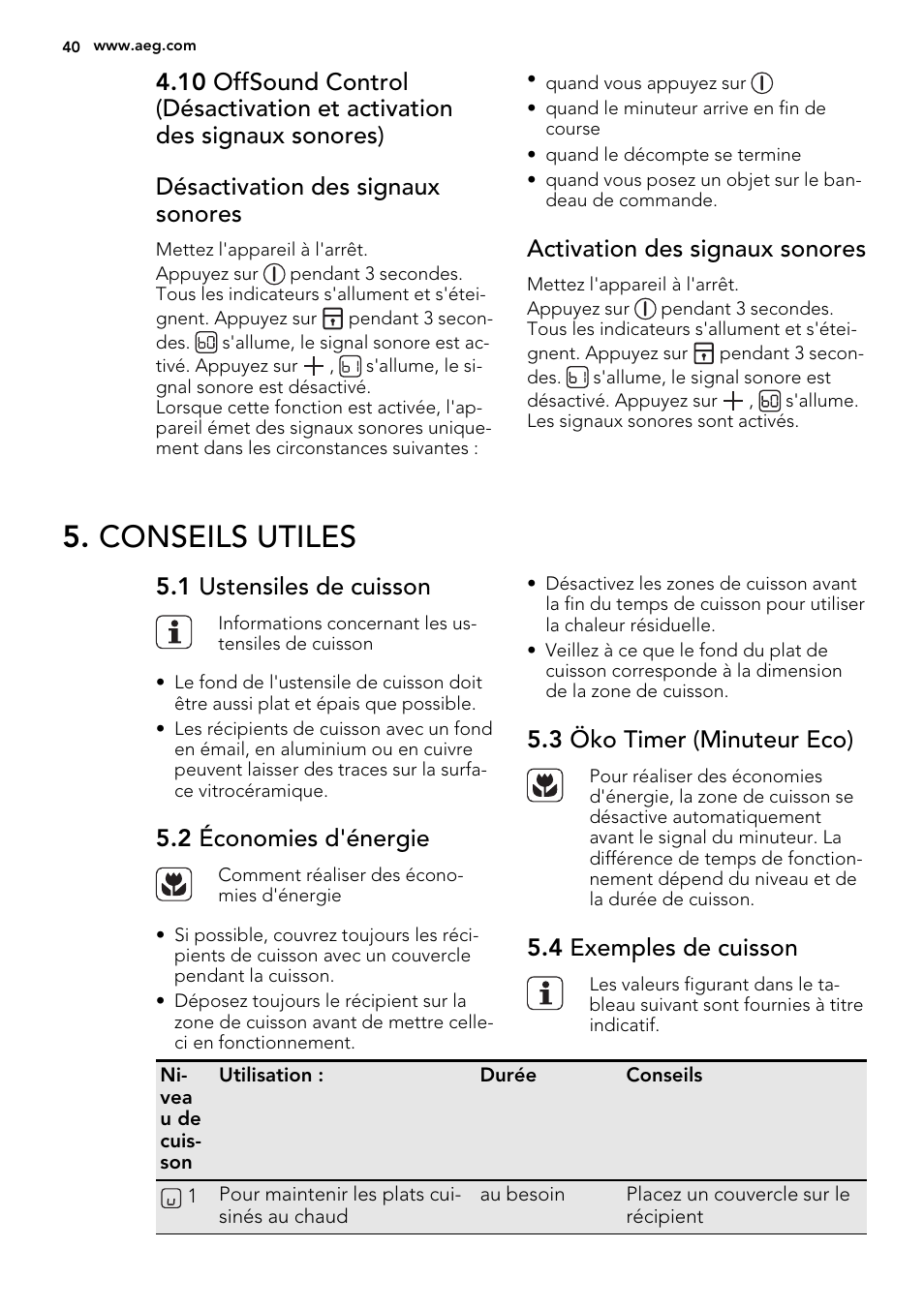 Conseils utiles, Activation des signaux sonores, 1 ustensiles de cuisson | 2 économies d'énergie, 3 öko timer (minuteur eco), 4 exemples de cuisson | AEG HK654079XB User Manual | Page 40 / 64