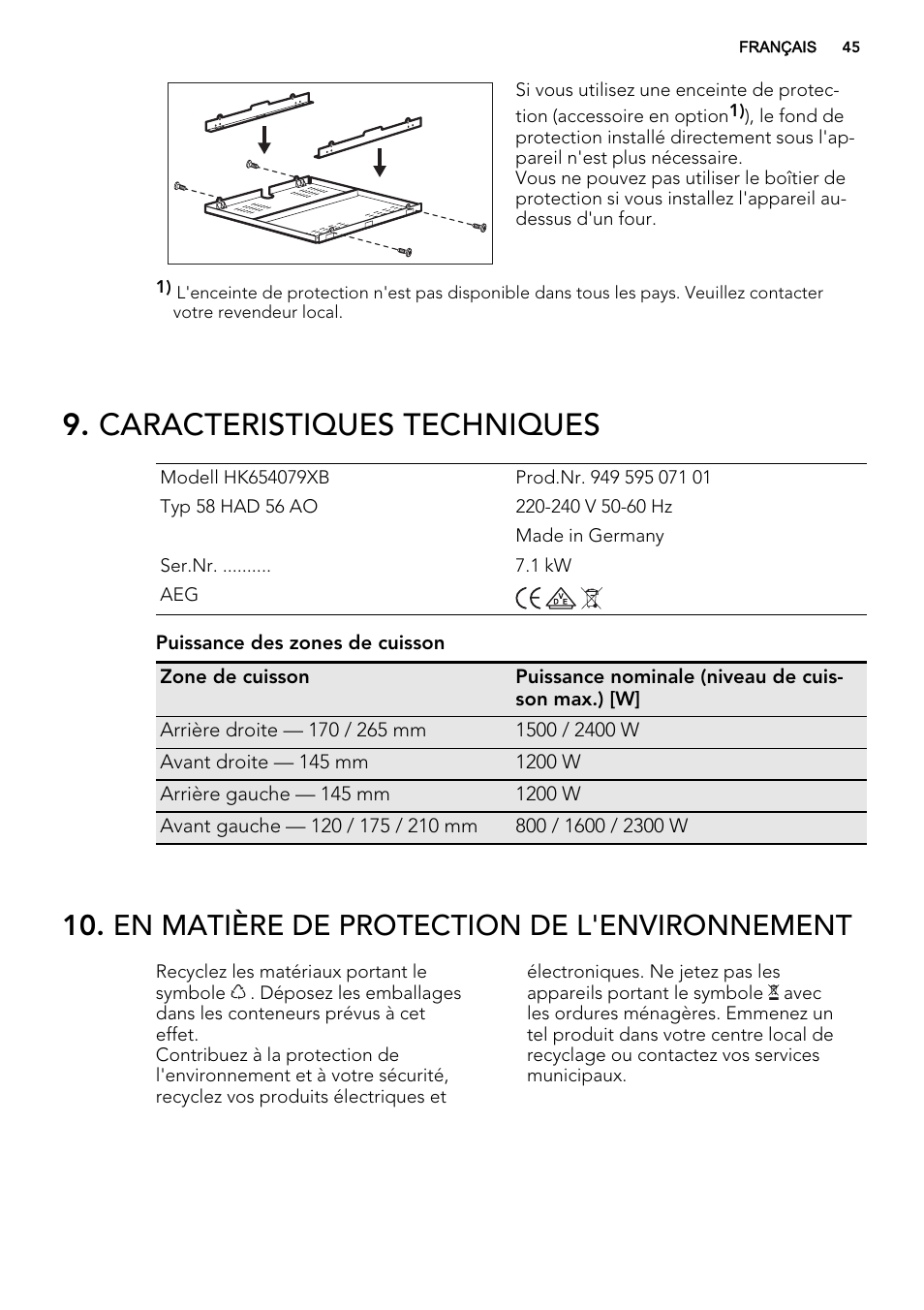 Caracteristiques techniques, En matière de protection de l'environnement | AEG HK654079XB User Manual | Page 45 / 64