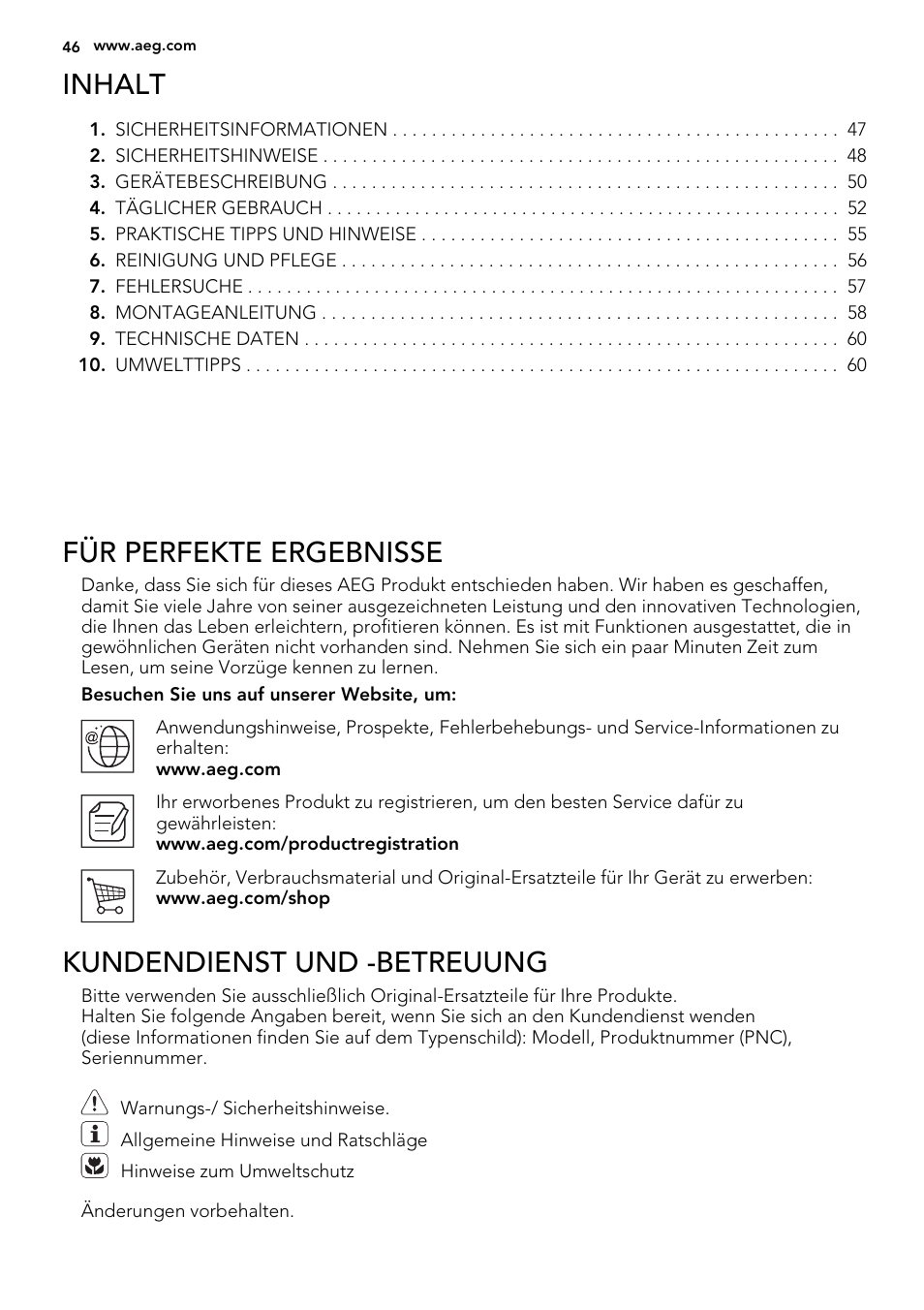 Inhalt, Für perfekte ergebnisse, Kundendienst und -betreuung | AEG HK654079XB User Manual | Page 46 / 64