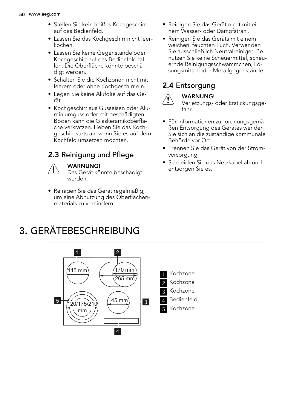 Gerätebeschreibung, 3 reinigung und pflege, 4 entsorgung | AEG HK654079XB User Manual | Page 50 / 64