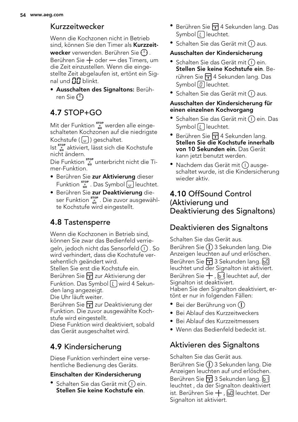 Kurzzeitwecker, 7 stop+go, 8 tastensperre | 9 kindersicherung, Aktivieren des signaltons | AEG HK654079XB User Manual | Page 54 / 64