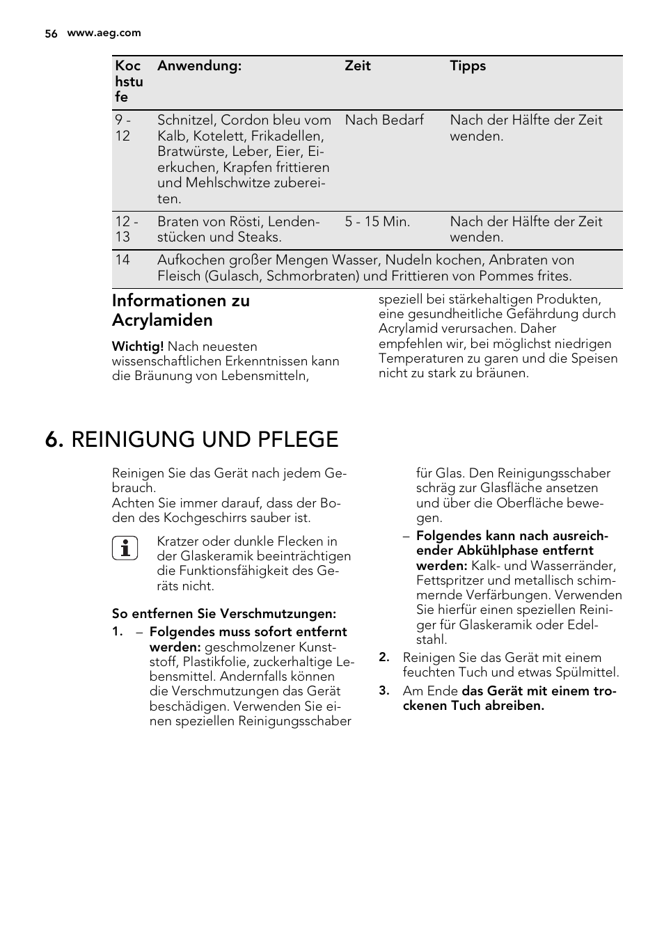 Reinigung und pflege, Informationen zu acrylamiden | AEG HK654079XB User Manual | Page 56 / 64