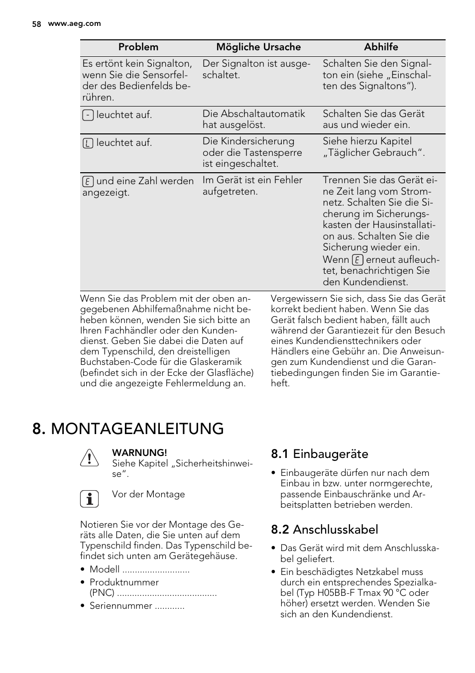 Montageanleitung, 1 einbaugeräte, 2 anschlusskabel | AEG HK654079XB User Manual | Page 58 / 64