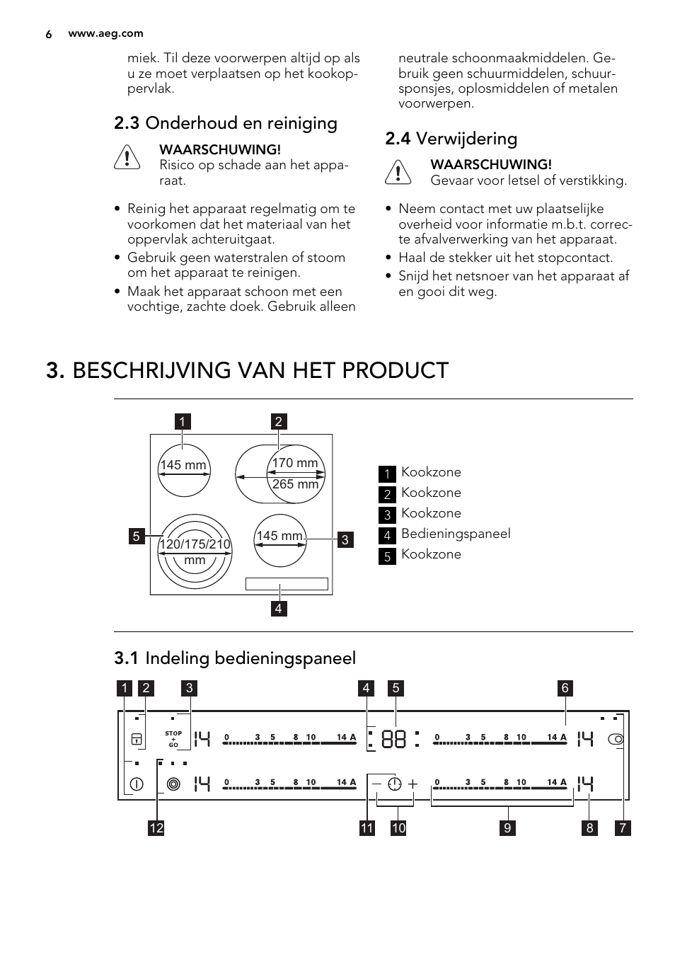 Beschrijving van het product, 3 onderhoud en reiniging, 4 verwijdering | 1 indeling bedieningspaneel | AEG HK654079XB User Manual | Page 6 / 64