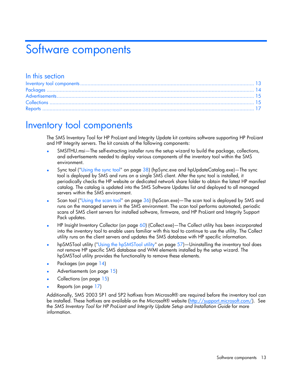 Software components, Inventory tool components | HP Integrity rx4640 Server User Manual | Page 13 / 77