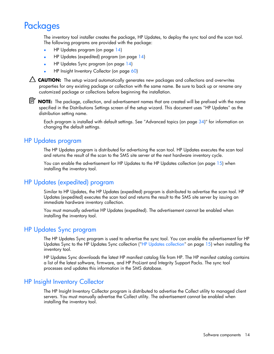 Packages, Hp updates program, Hp updates (expedited) program | Hp updates sync program, Hp insight inventory collector | HP Integrity rx4640 Server User Manual | Page 14 / 77