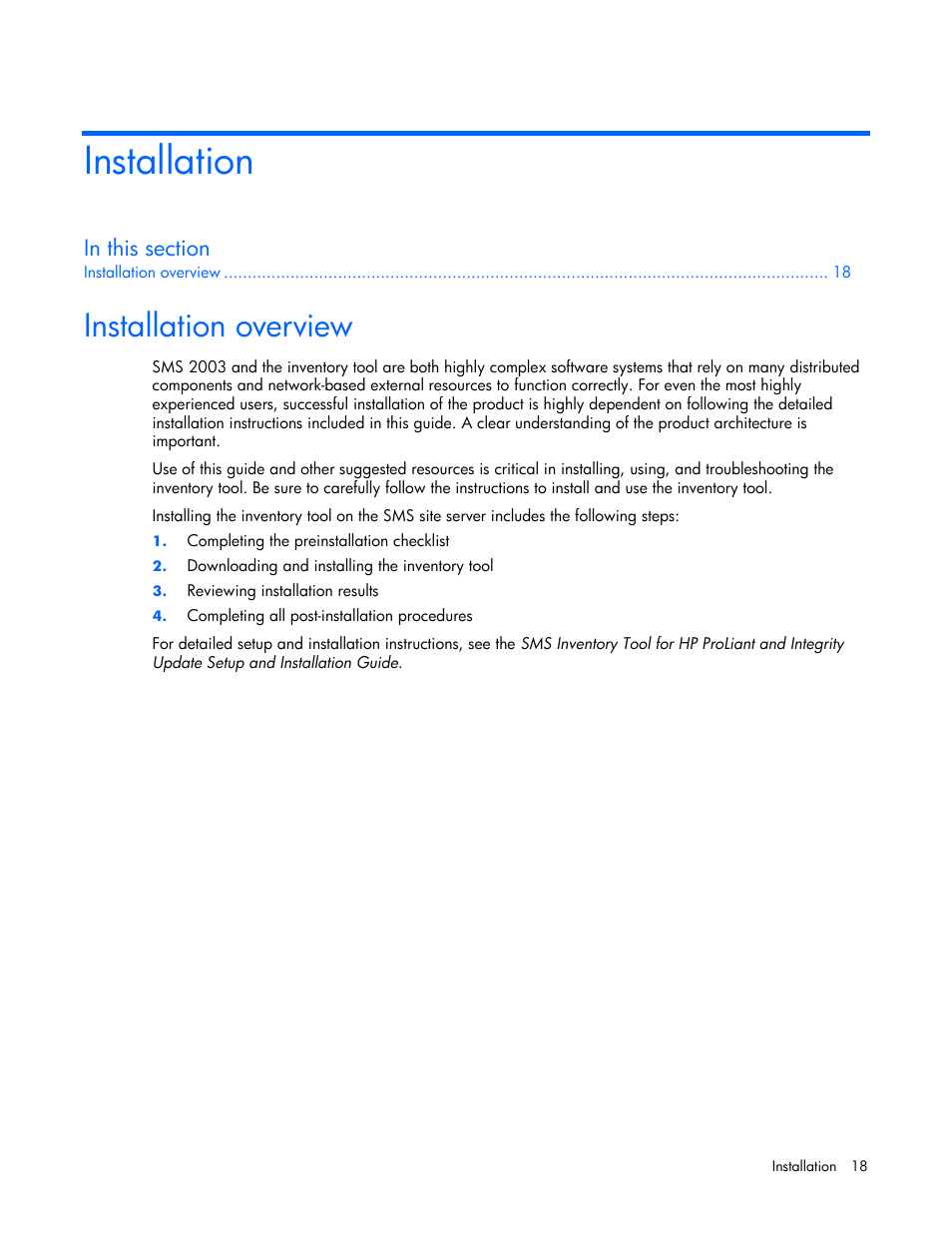 Installation, Installation overview | HP Integrity rx4640 Server User Manual | Page 18 / 77