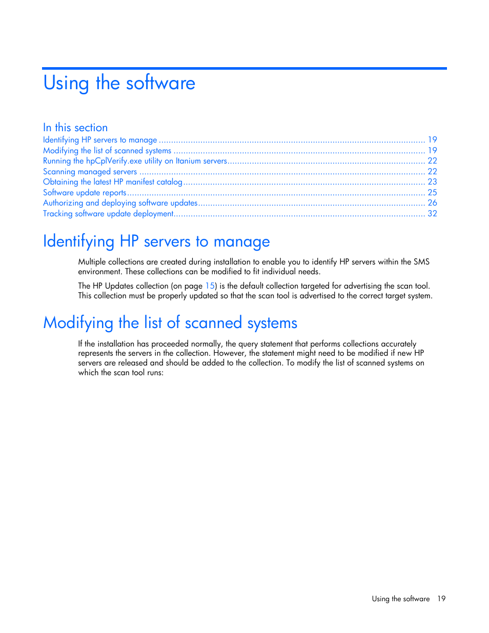 Using the software, Identifying hp servers to manage, Modifying the list of scanned systems | HP Integrity rx4640 Server User Manual | Page 19 / 77