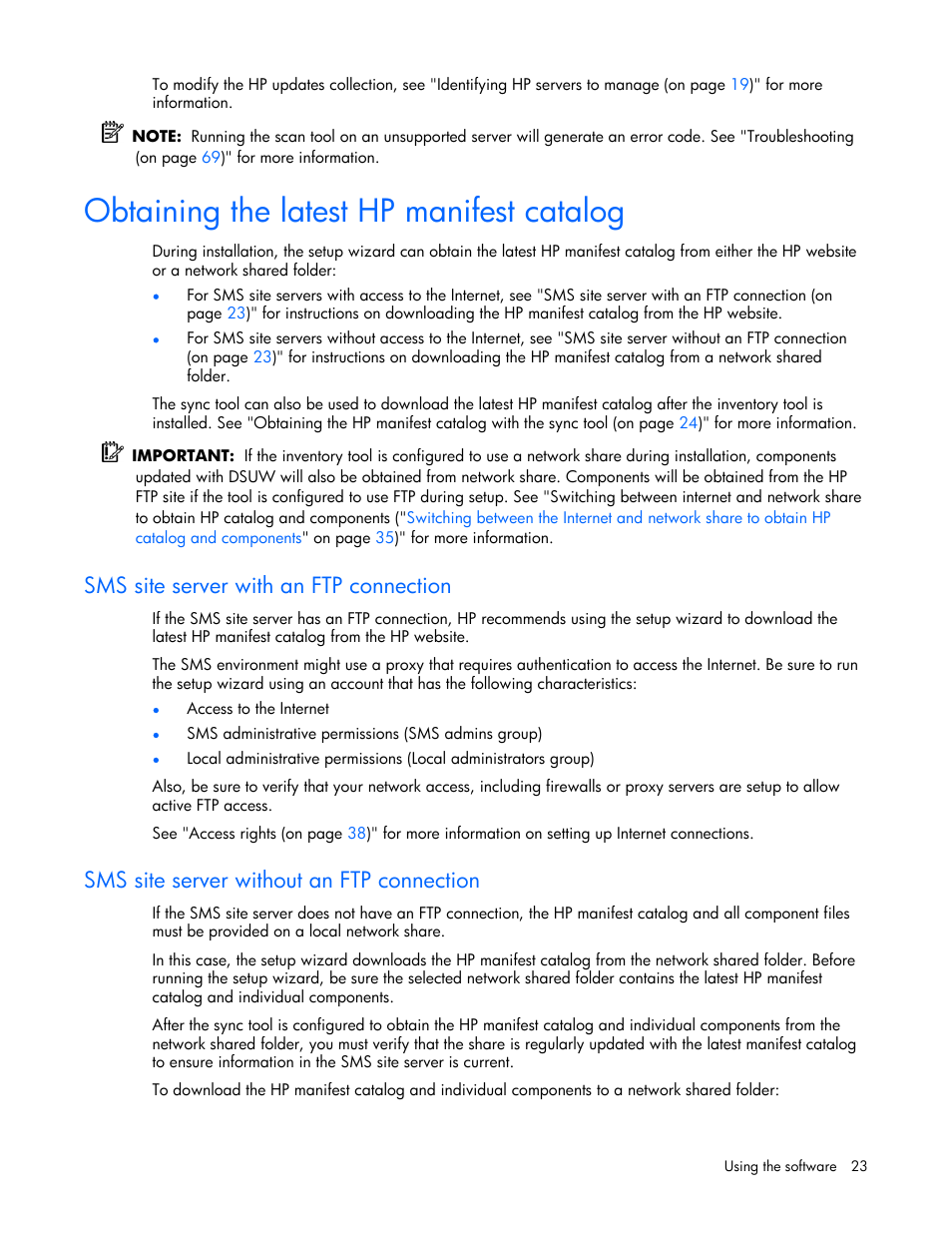 Obtaining the latest hp manifest catalog, Sms site server with an ftp connection, Sms site server without an ftp connection | HP Integrity rx4640 Server User Manual | Page 23 / 77