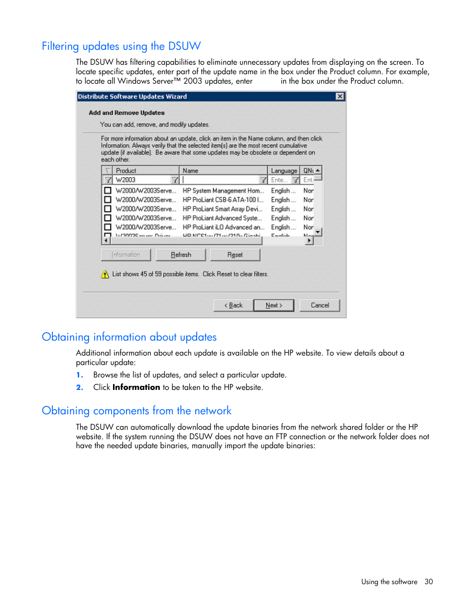 Filtering updates using the dsuw, Obtaining information about updates, Obtaining components from the network | HP Integrity rx4640 Server User Manual | Page 30 / 77