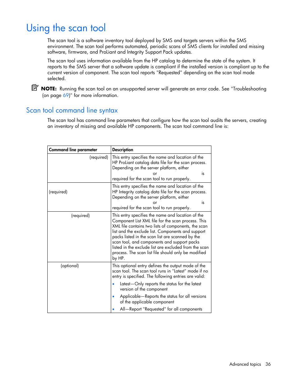 Using the scan tool, Scan tool command line syntax | HP Integrity rx4640 Server User Manual | Page 36 / 77