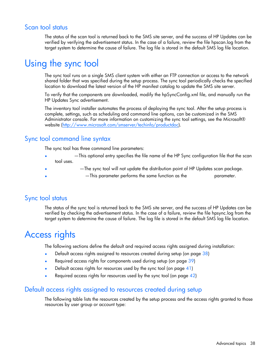 Using the sync tool, Access rights, Scan tool status | Sync tool command line syntax, Sync tool status | HP Integrity rx4640 Server User Manual | Page 38 / 77